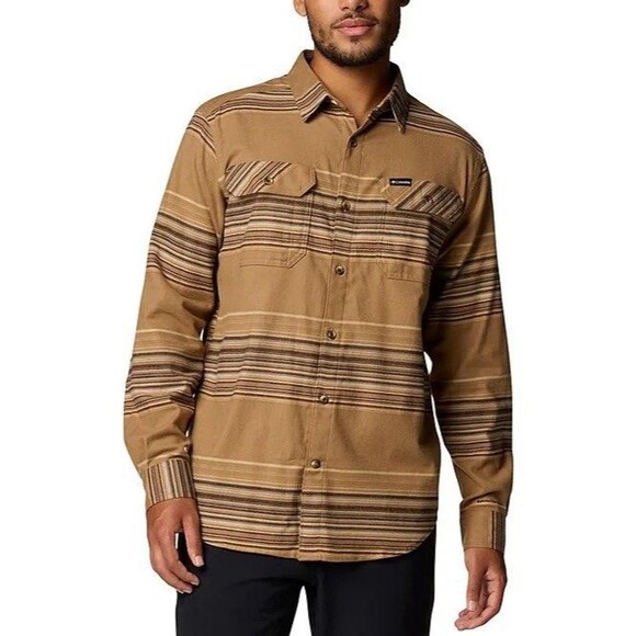 Columbia Flare Gun Stretch Flannel XL Button Up Stripe Long Sleeve Shirt Brown - Picture 1 of 9